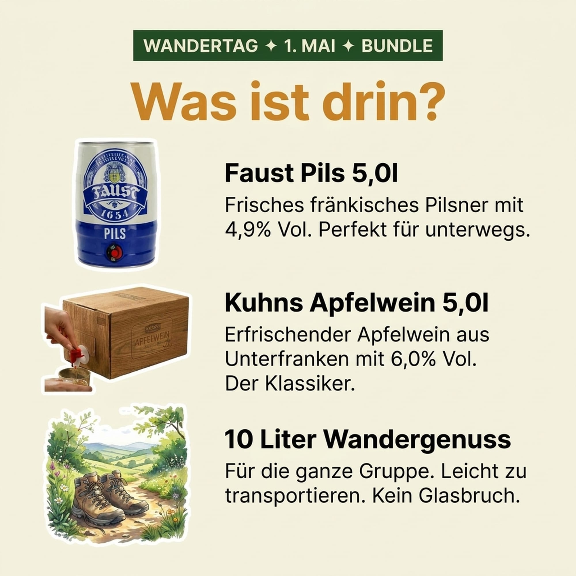 Wanderpaket — Faust Pils 5L + Kuhns Apfelwein 5L, alc. 4,9/6,0 Vol.-%