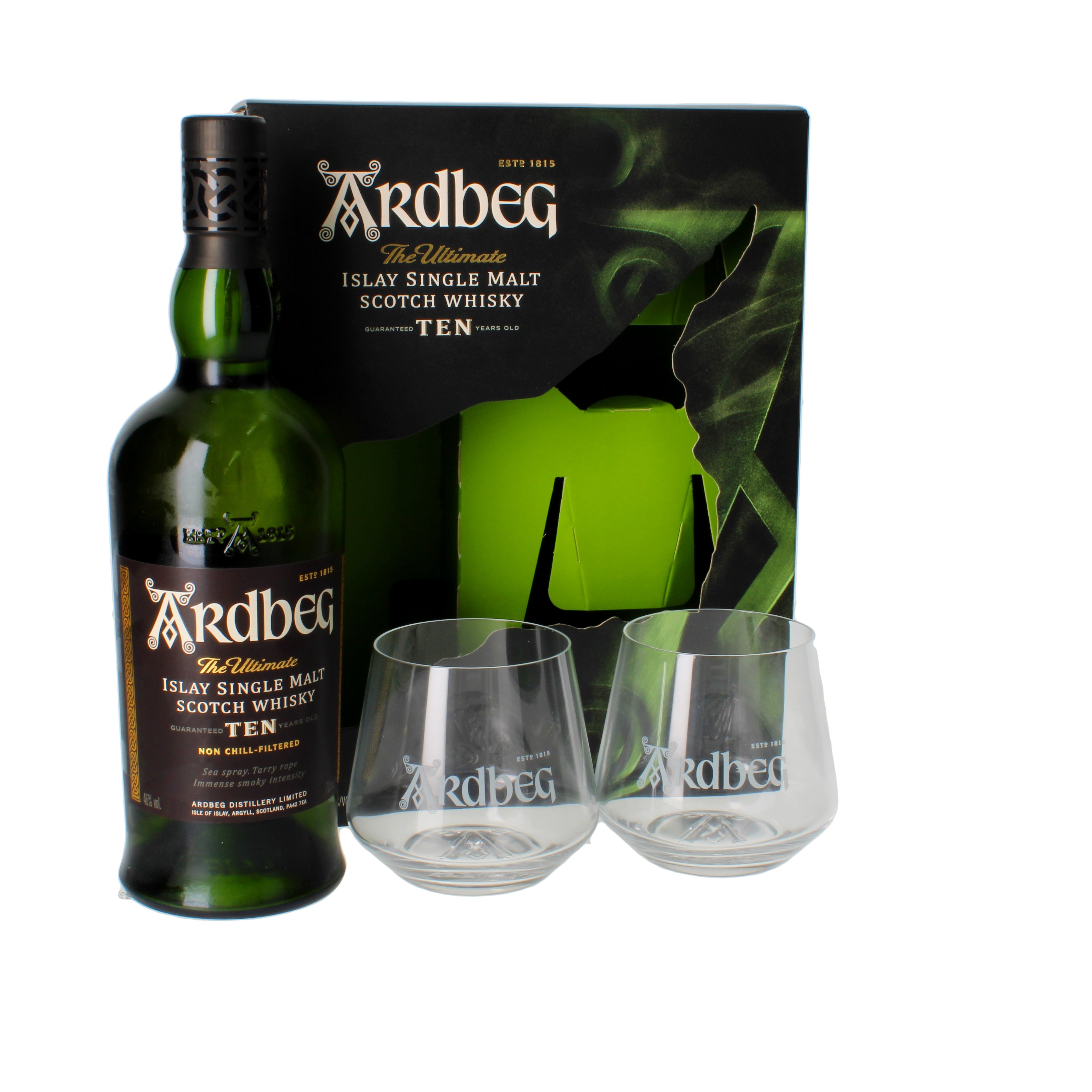 Ardbeg Ten -lahjapakkaus, 2 lasia, 0,7 l, alkoholipitoisuus 46 %.