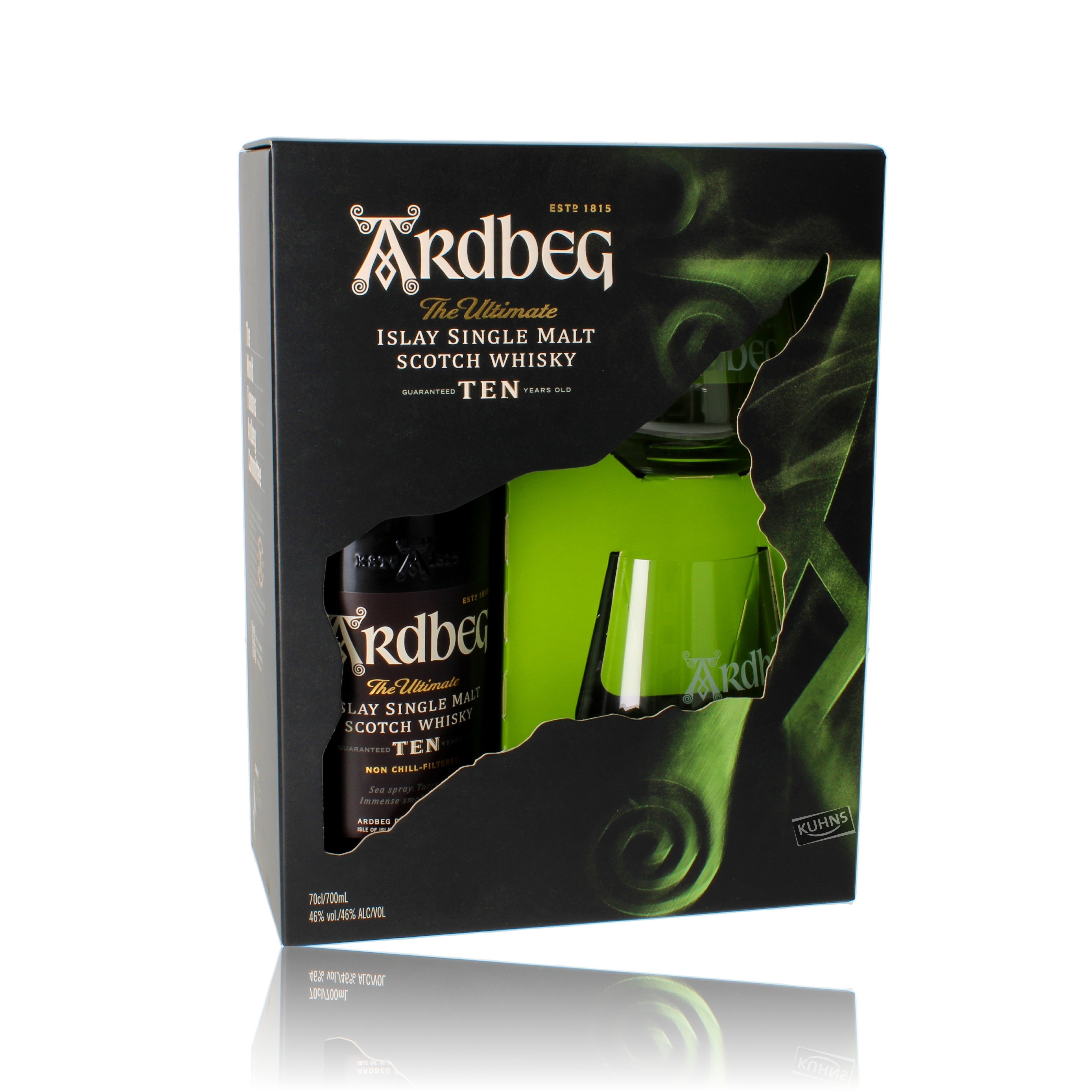 Ardbeg Ten -lahjapakkaus, 2 lasia, 0,7 l, alkoholipitoisuus 46 %.