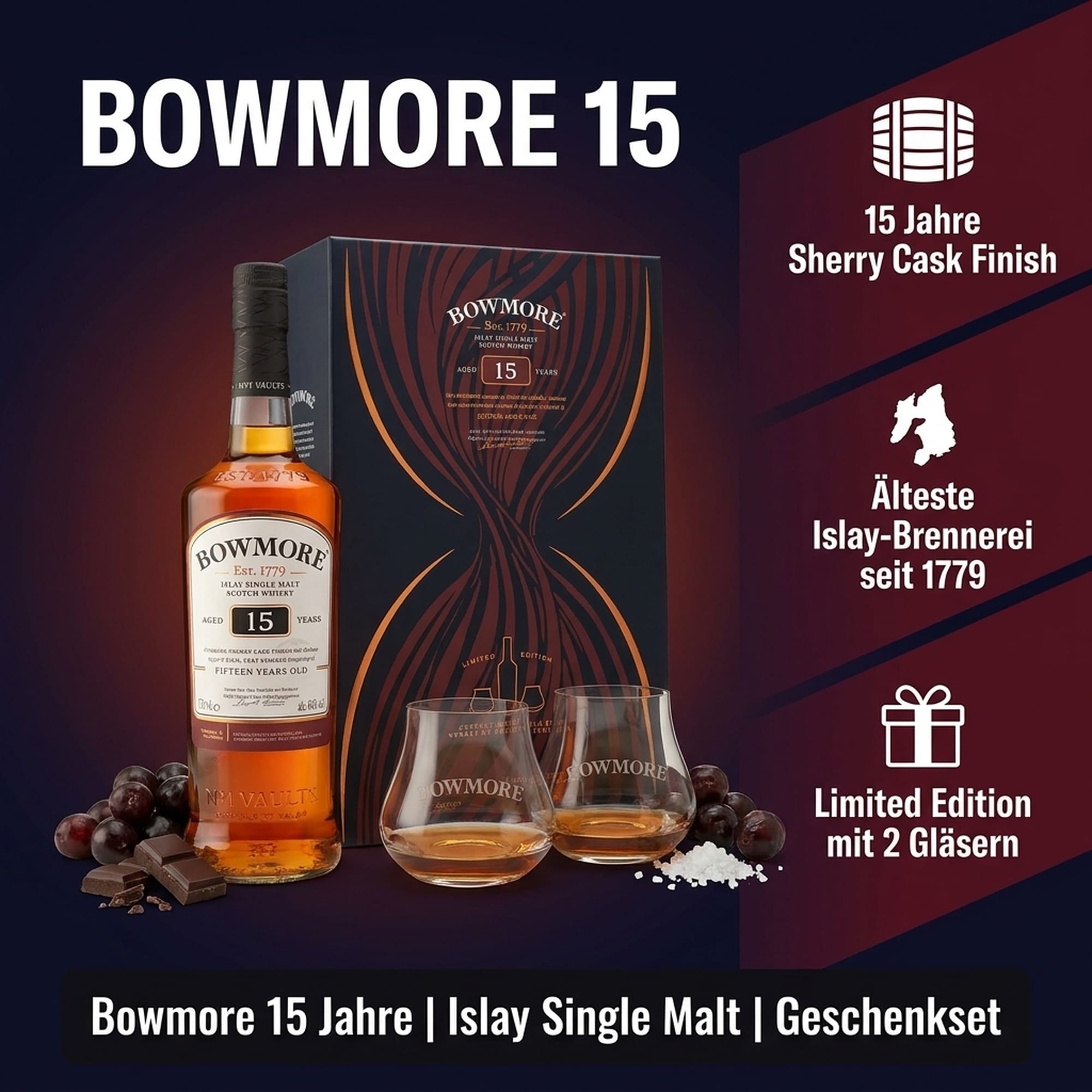 Bowmore 15 Year Old Gift Set 0.7l, alc. 43% by vol.