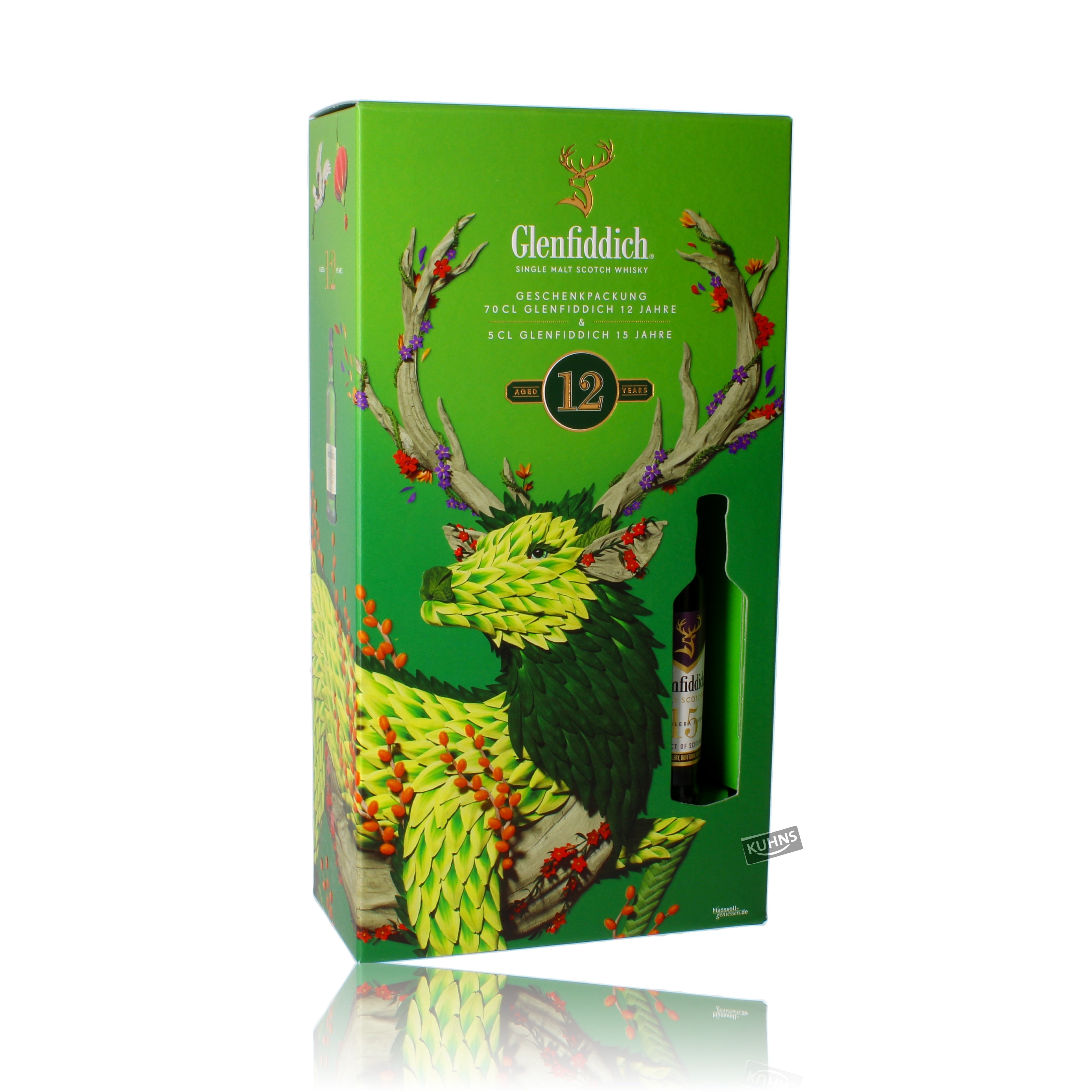 Glenfiddich 12 vuotta ja Mini 15 vuotta 0,7l, alkoholipitoisuus 40 tilavuusprosenttia.