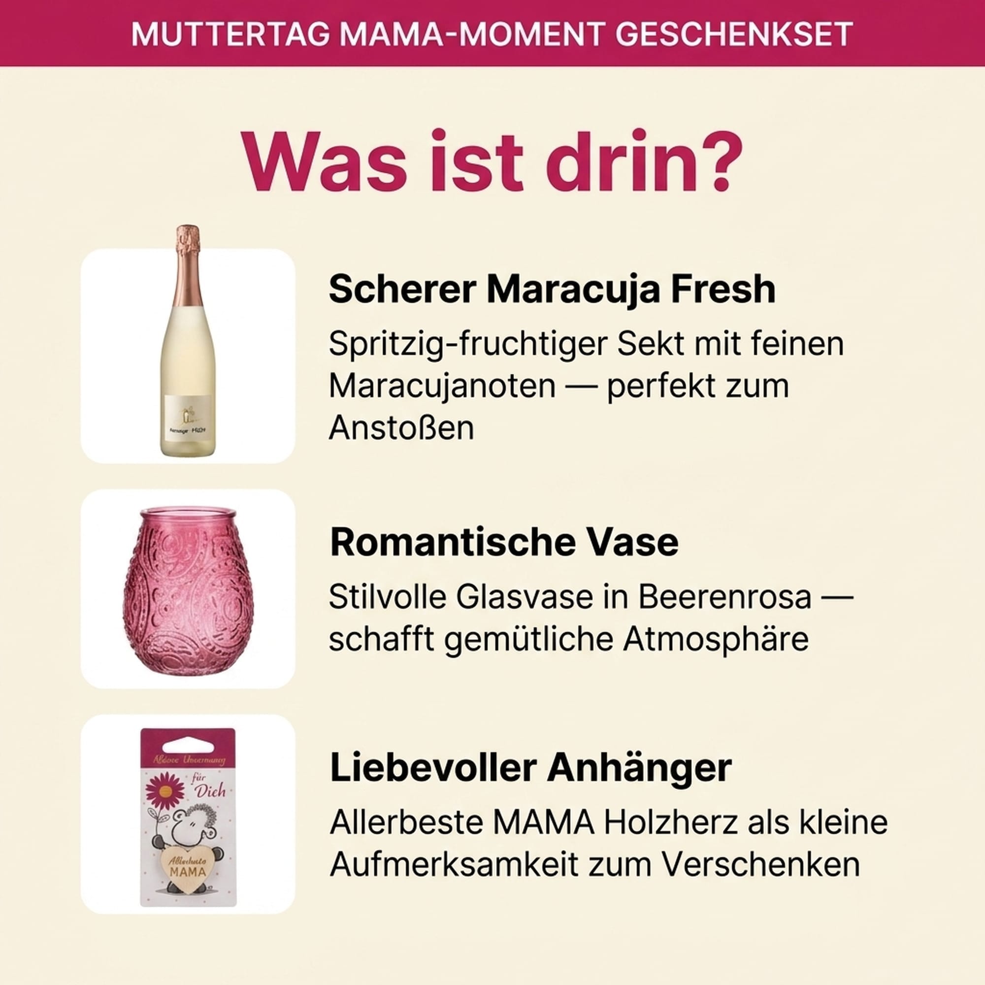 Mama-Moment Geschenkset — Sekt, Vase & Holzherz 0,75l, alc. 8,5 Vol.-%