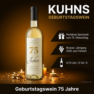 Geburtstagswein 75 Jahre Rivaner Franken Geschenk - Produktbild mit Geburtstagsdekoration