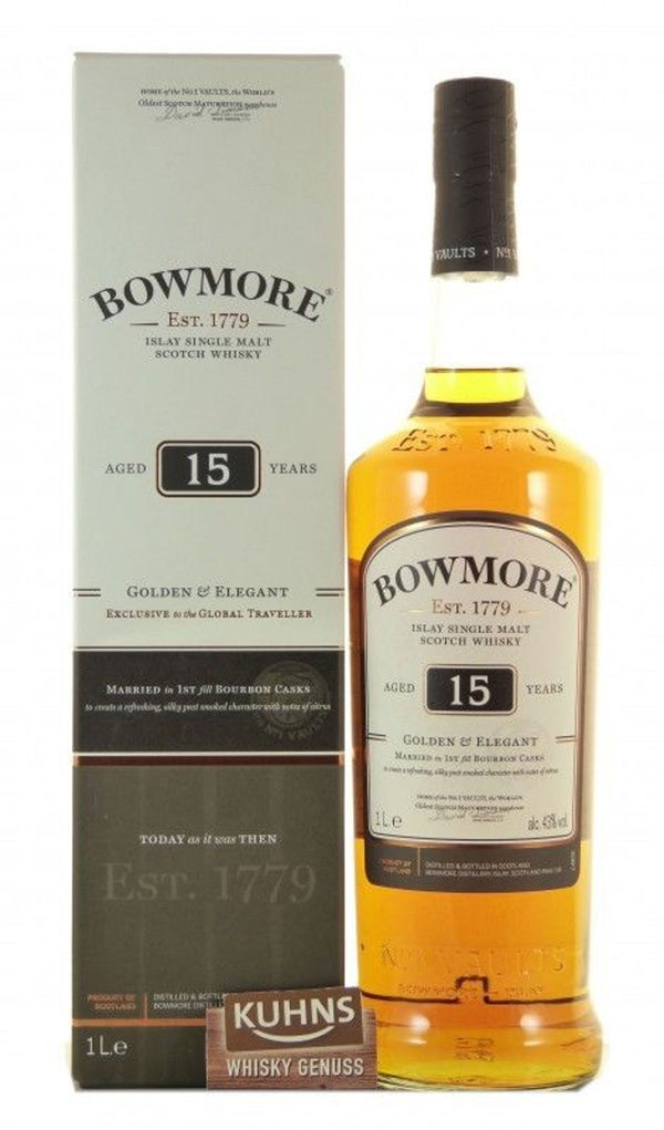 Bowmore 15 vuotta Golden &amp; Elegant 1,0l, alk. 43 tilavuusprosenttia.