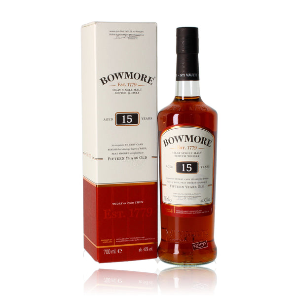 Bowmore 15 vuotta 0,7l, alk. 43 tilavuusprosenttia.