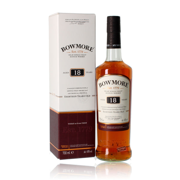 Bowmore 18 vuotta 0,7l, alk. 43 tilavuusprosenttia.