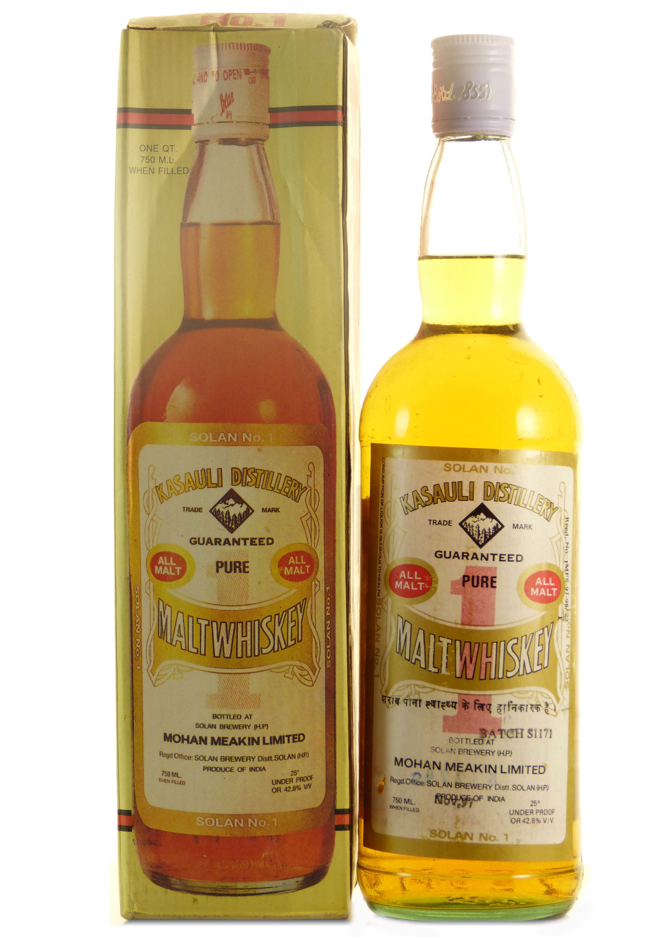 Kasauli Mohan Meakin Limited Pure Malt Whiskey 0.7l, alc. 40% Vol, Whiskey India