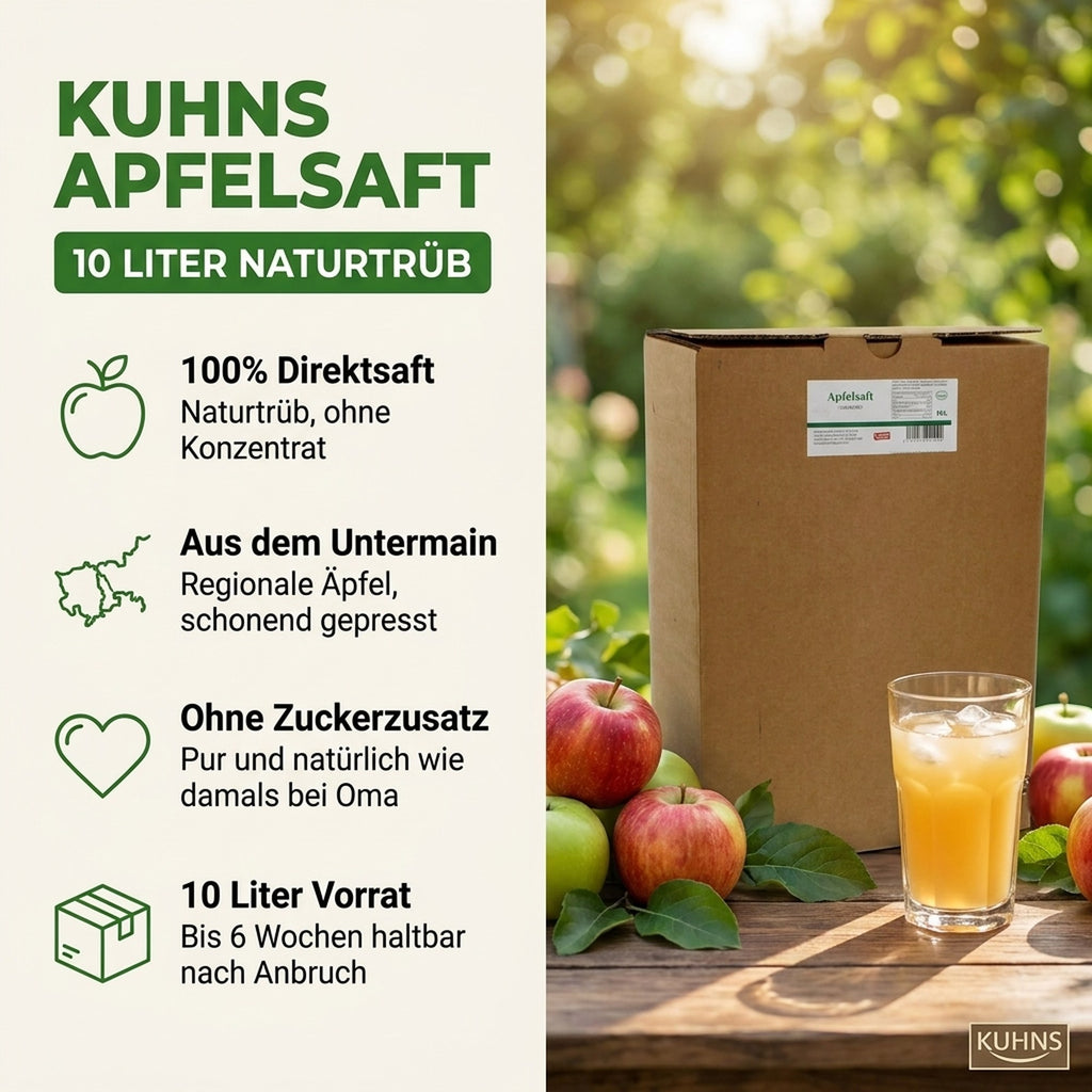 Kuhns Apfelsaft Naturtrüb Fruchtig Süß Bag in Box 10,0l – Kuhns Trinkgenuss