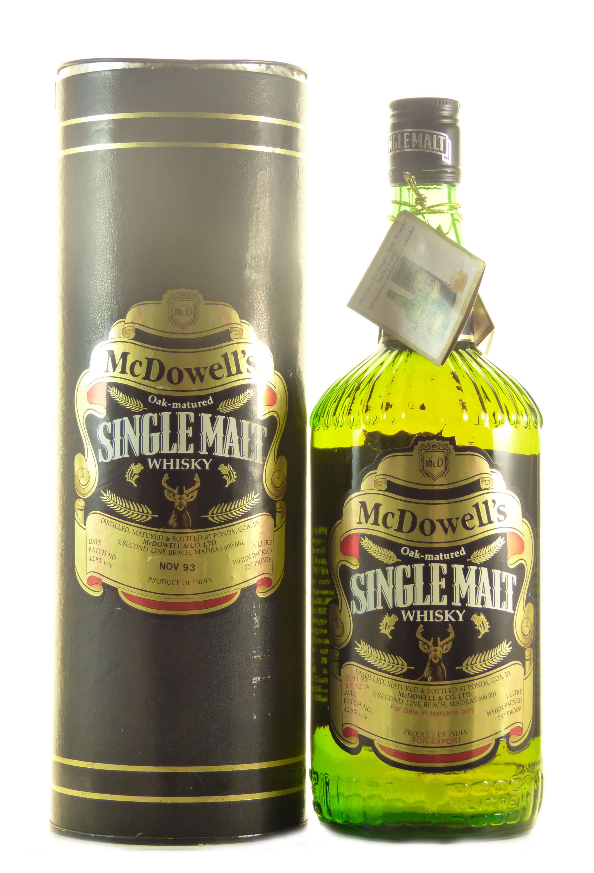 McDowell's Single Malt Whisky 1993 Indian Single Malt Whisky, 1,0 l, alk. 42,8 tilavuusprosenttia.