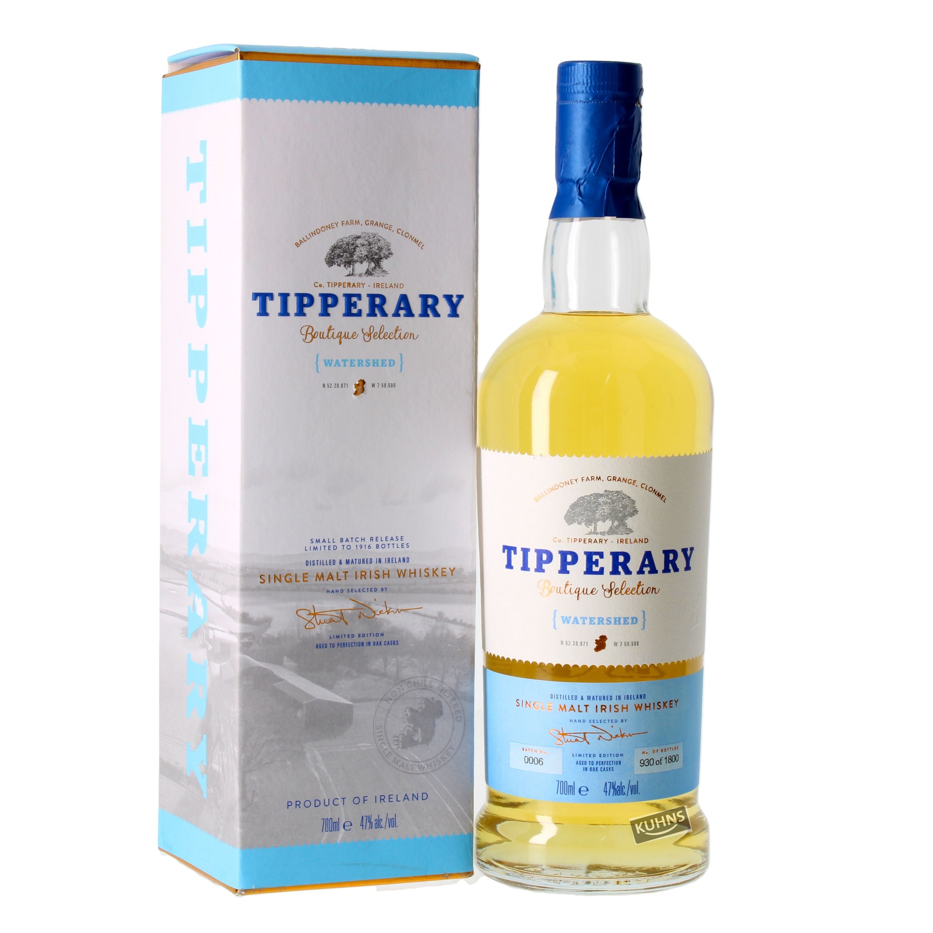 Tipperary Watershed Single Malt Irish Whisky 0,7l, alk. 47 tilavuusprosenttia.