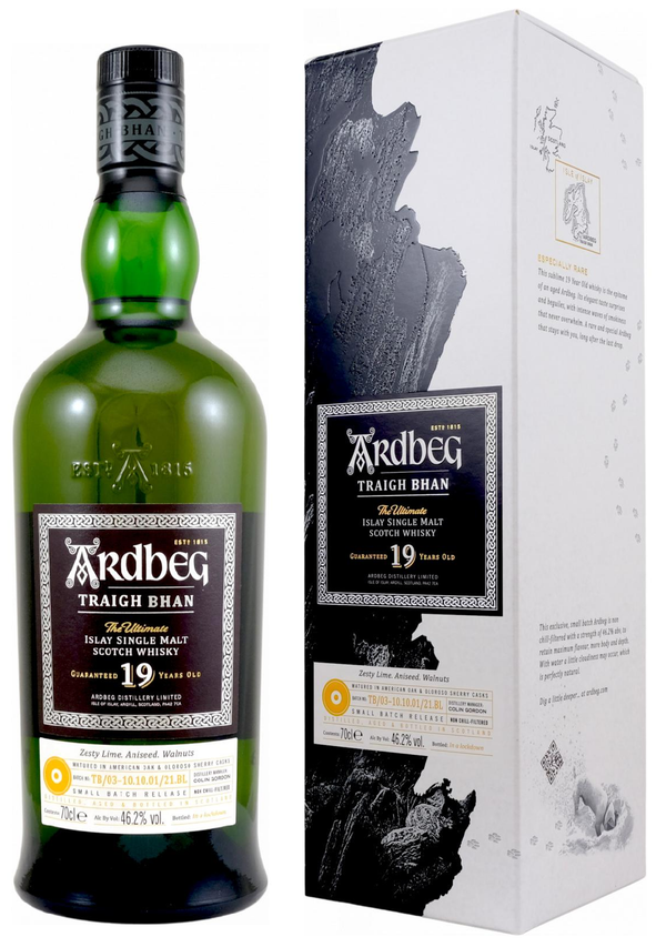 Ardbeg Traigh Bhan 19 vuotta Erä 3 0,7l, alk. 46,2 tilavuusprosenttia.