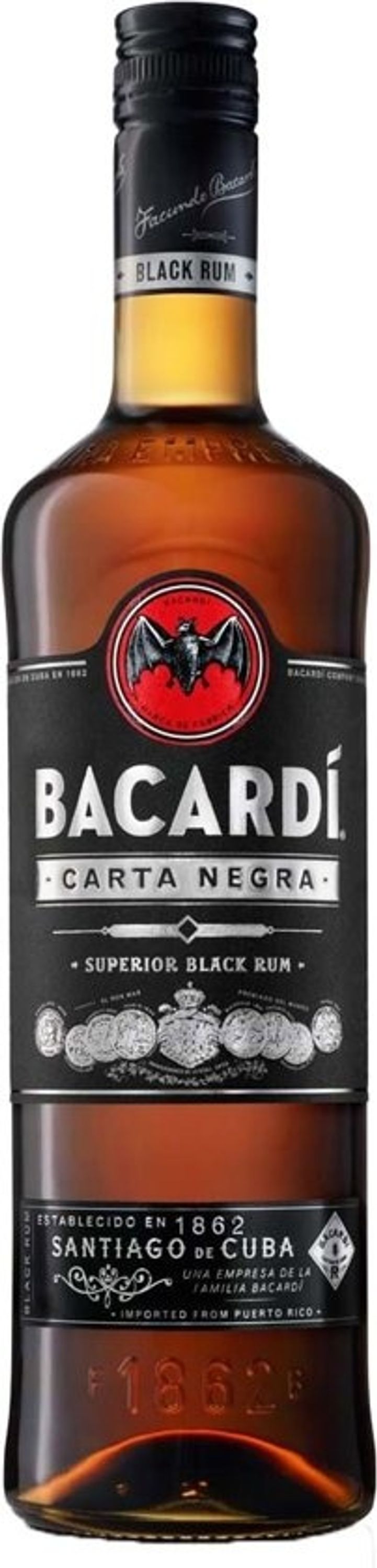 Bacardi Carta Negra Rommi 0,7l, alk. 37,5 tilavuusprosenttia.