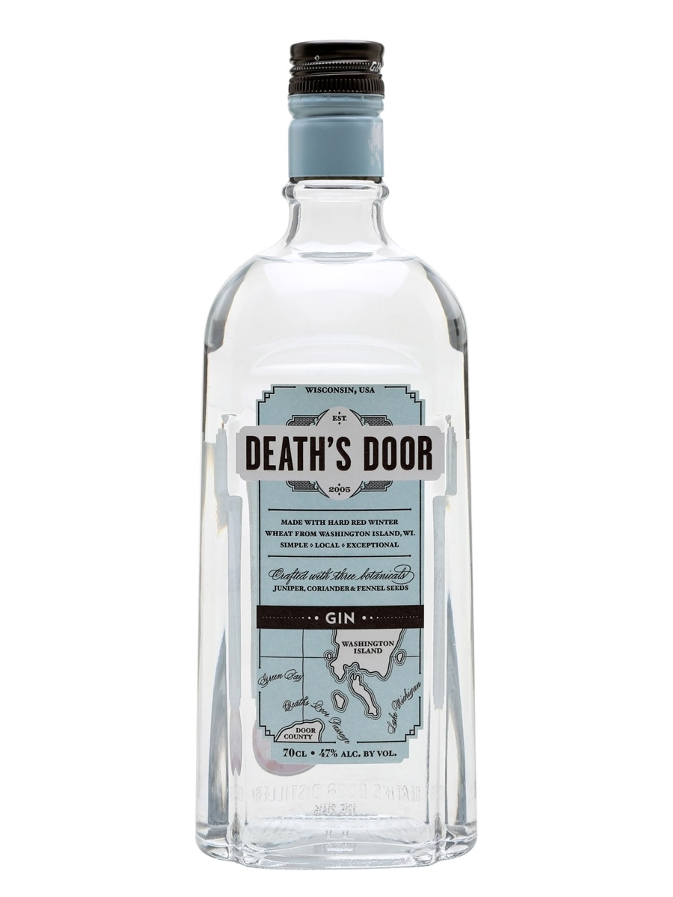 Death's Door Gin 0,7l, alk. 47 tilavuusprosenttia.