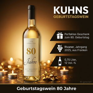 Geburtstagswein 80 Jahre Rivaner Franken Geschenk - Produktbild mit Geburtstagsdekoration
