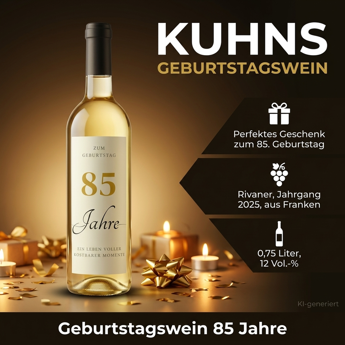 Geburtstagswein 85 Jahre Rivaner Franken Geschenk - Produktbild mit Geburtstagsdekoration
