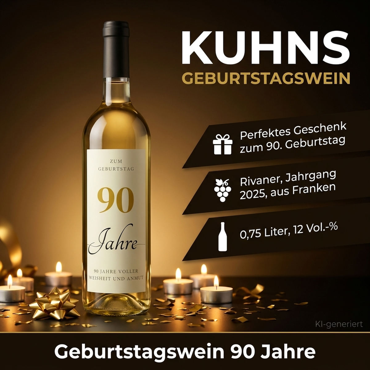 Geburtstagswein 90 Jahre Rivaner Franken Geschenk - Produktbild mit Geburtstagsdekoration