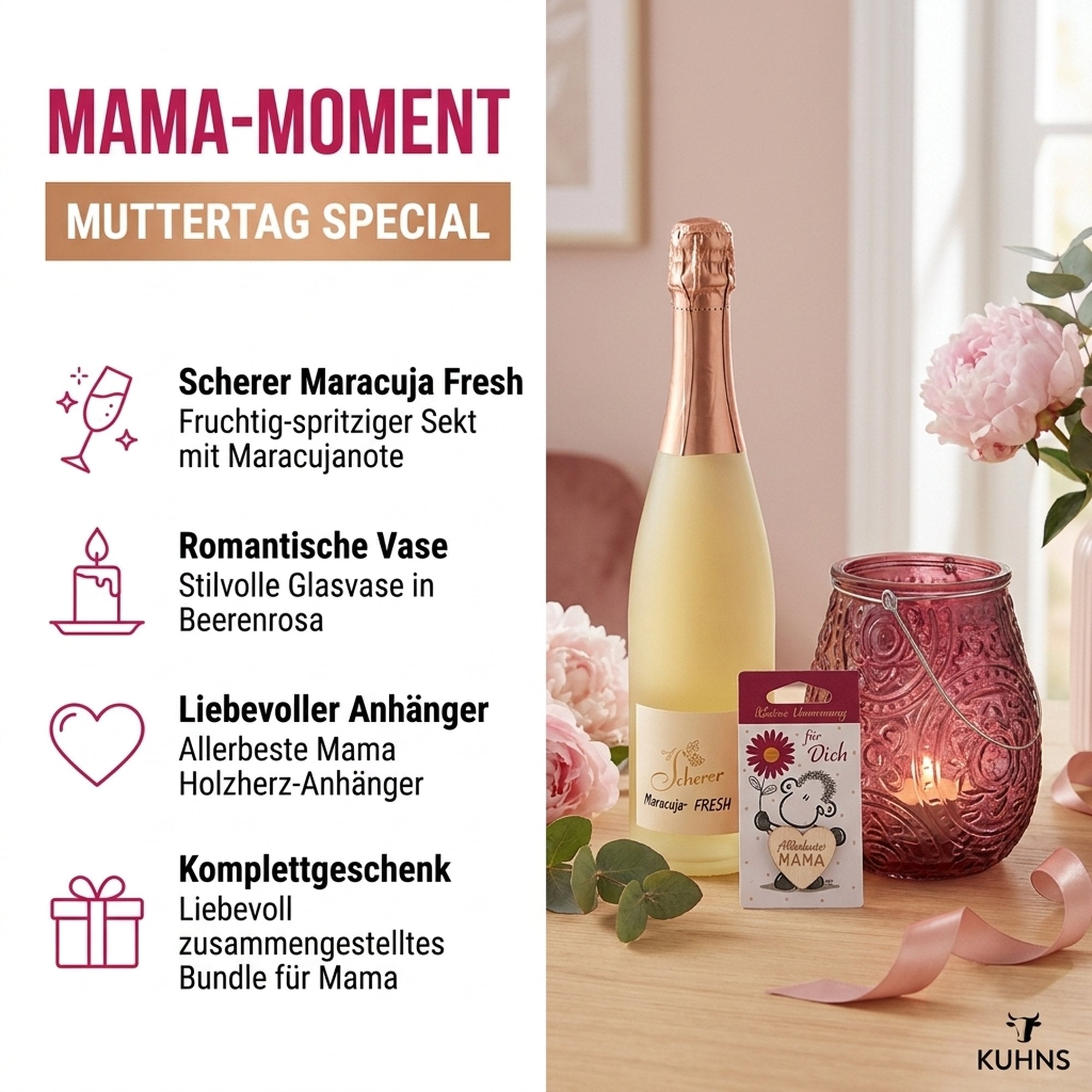 Mama-Moment Geschenkset — Sekt, Vase & Holzherz 0,75l, alc. 8,5 Vol.-%