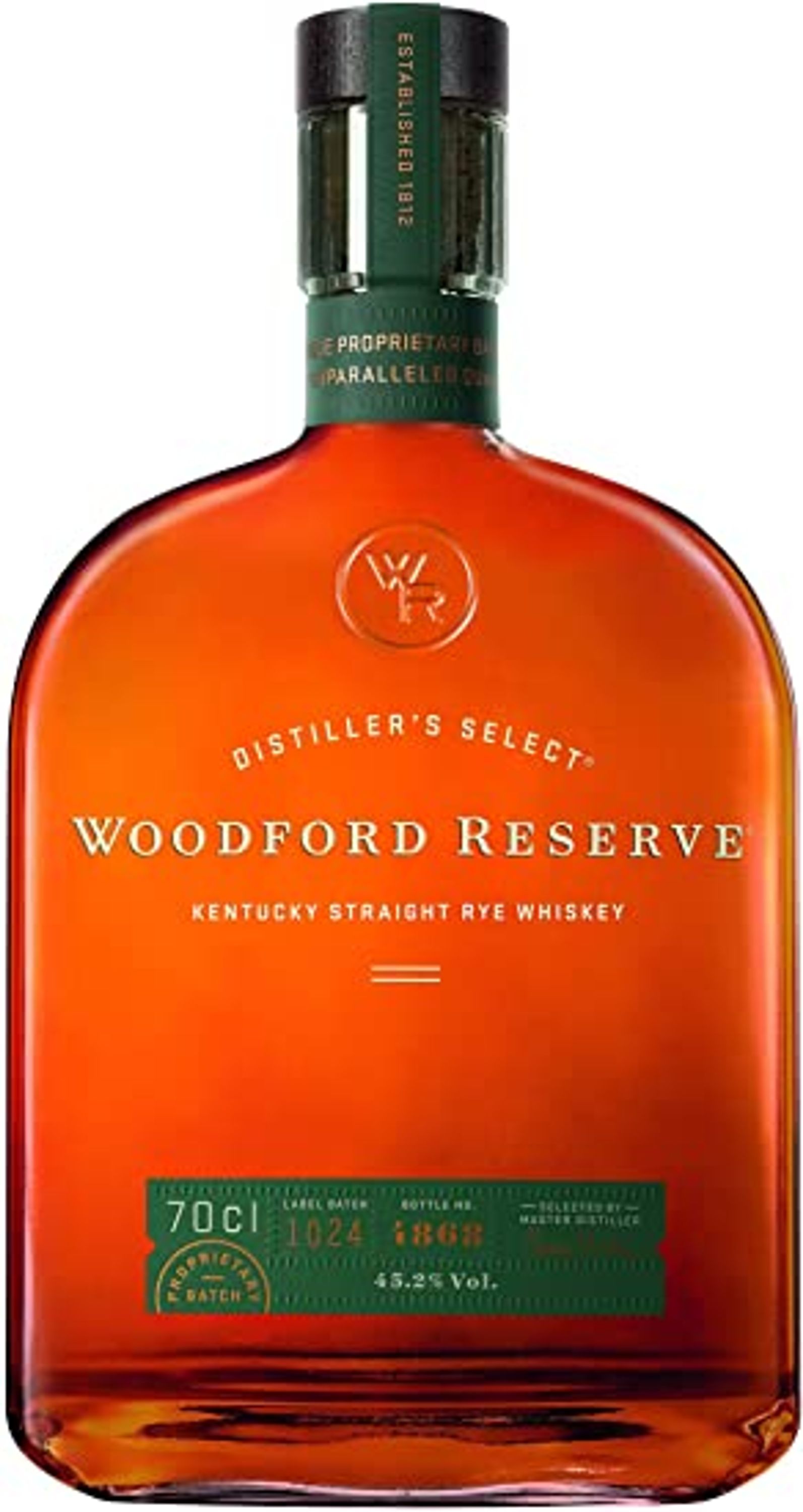 Woodford Reserve Kentucky Straight Rye Whisky 0,7l, alk. 45,2 tilavuusprosenttia.